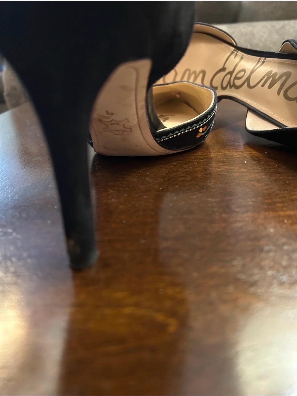 Sam Edelman Black Pointed-Toe D'Orsay Heels with Multicolor Floral Embroidery - Picture 5 of 8